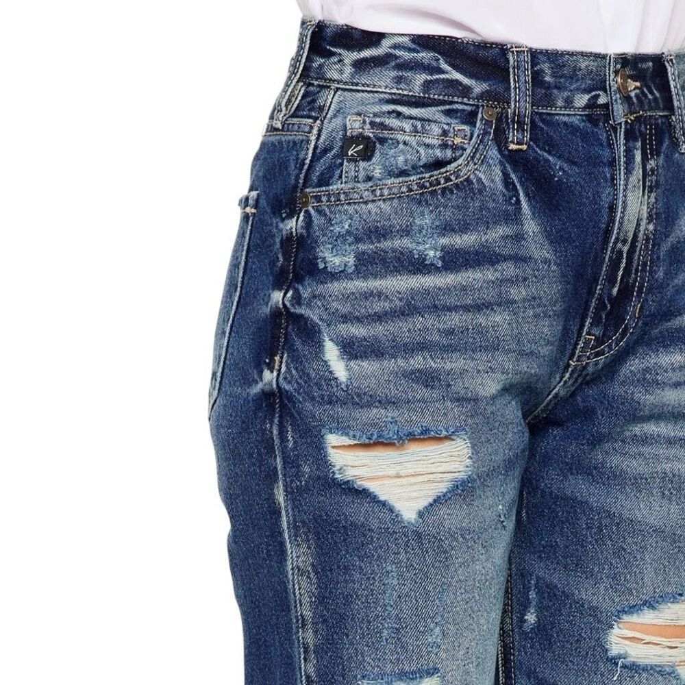 Kancan Ultra High Rise Dark Wash Cropped Distressed Mom Fit Jeans 15/31 NWT - Picture 7 of 16